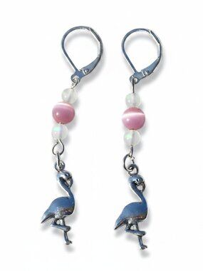 Sterling Silver Pink Flamingo Gemstone Dangle Earrings with Leverbacks, Handmade